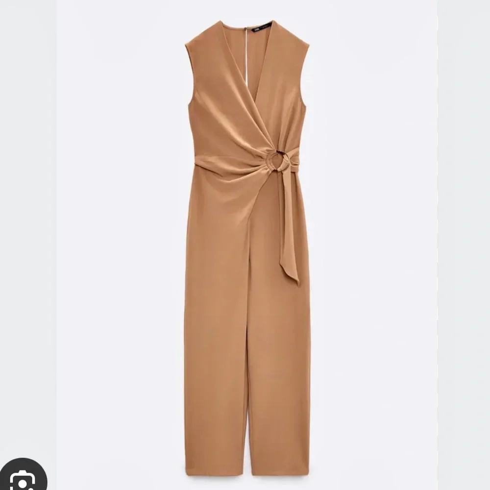 Zara NWT beige tan wrap O ring tie open back cutout jumpsuit
